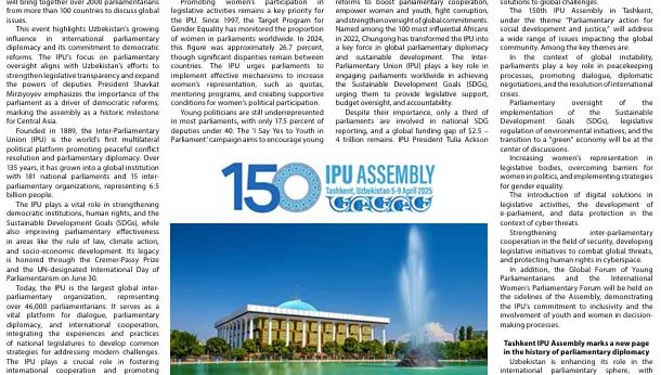 Toshkentda o'tayotgan Parlamentlararo ittifoqning 150-yubiley Assambleyasi Kuvayt matbuoti nigohida